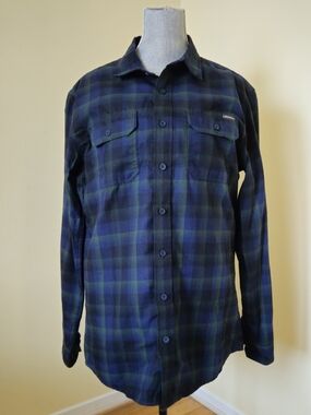 Eddie Bauer Navy and Green Plaid Casual Button-Down Shirt
